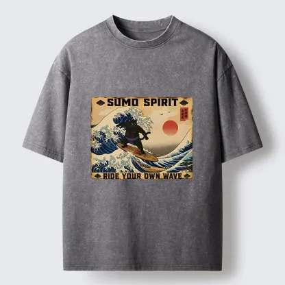 Tokyo-Tiger Sumo Cat Riding Its Own Wave Washed T-Shirt