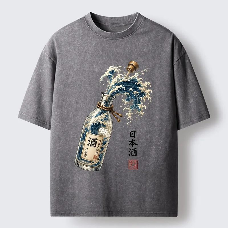 Tokyo-Tiger Ocean Wave Poured From A Sake Bottle Washed T-Shirt