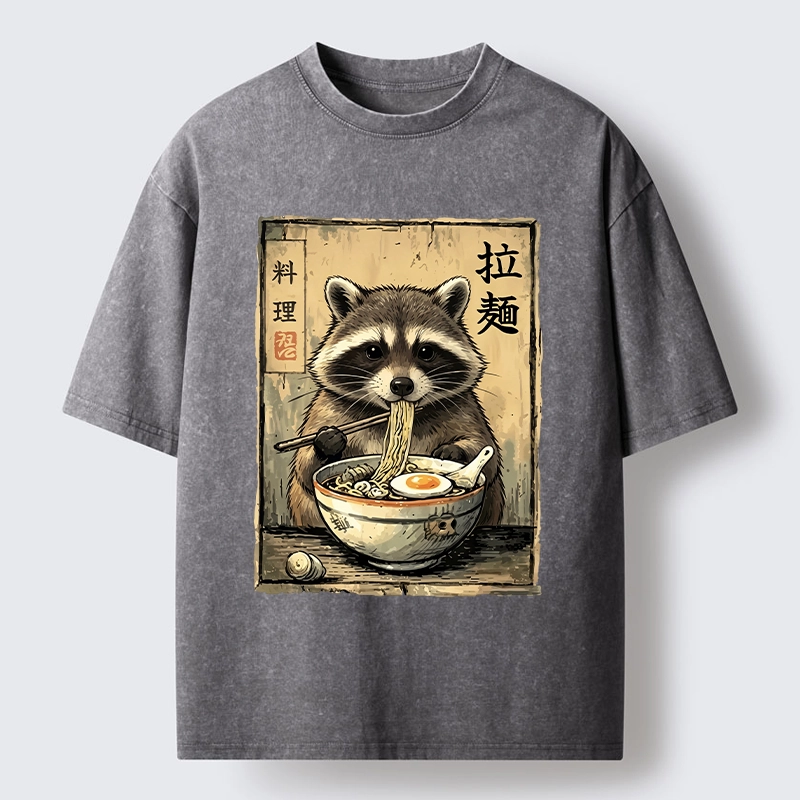 Tokyo-Tiger Raccoon Eating Ramen And Loving It Washed T-Shirt