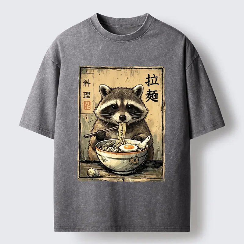 Tokyo-Tiger Raccoon Eating Ramen And Loving It Washed T-Shirt