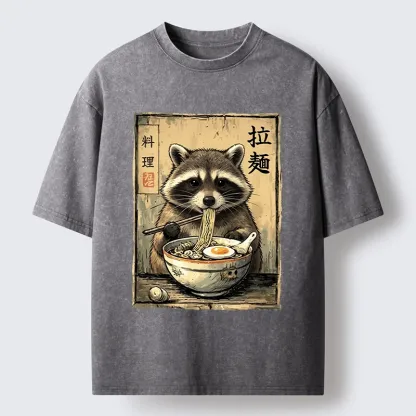 Tokyo-Tiger Raccoon Eating Ramen And Loving It Washed T-Shirt