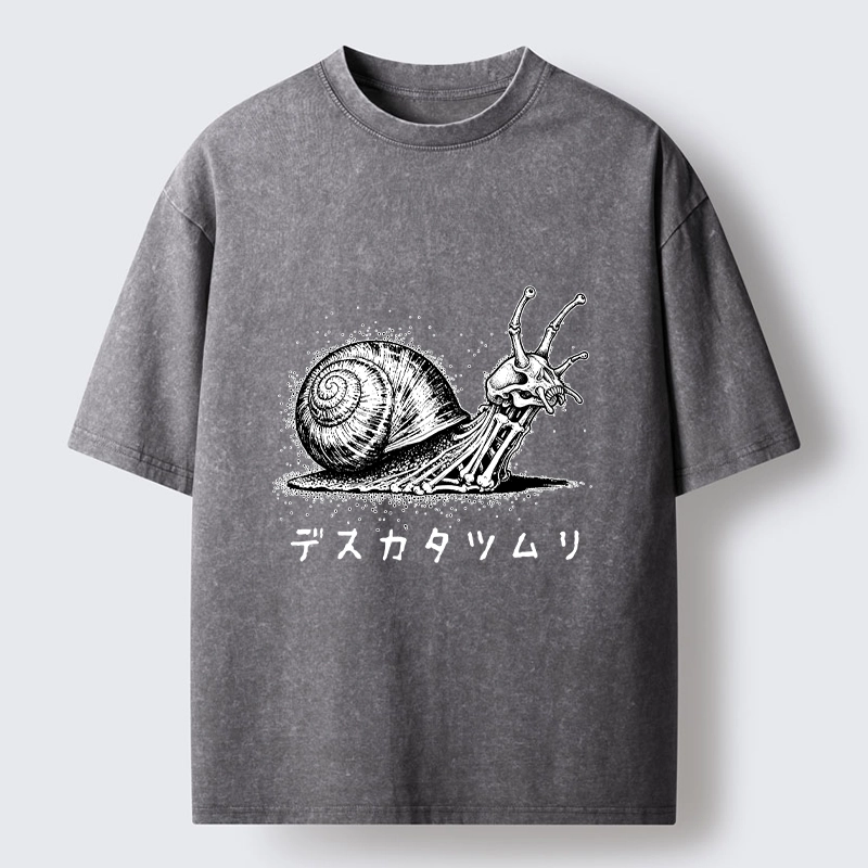 Tokyo-Tiger Creepy Skeleton Snail Inked Style Washed T-Shirt
