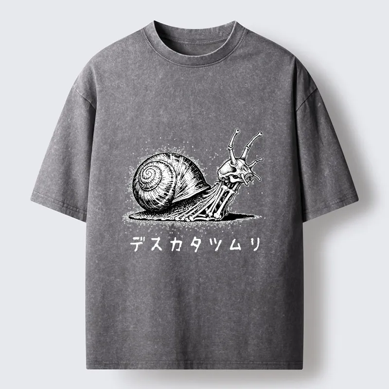 Tokyo-Tiger Creepy Skeleton Snail Inked Style Washed T-Shirt