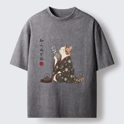 Tokyo-Tiger Zen Cat Drinking Tea In A Kimono Washed T-Shirt