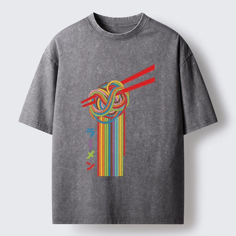 Tokyo-Tiger Colorful Noodles On Red Chopsticks Washed T-Shirt
