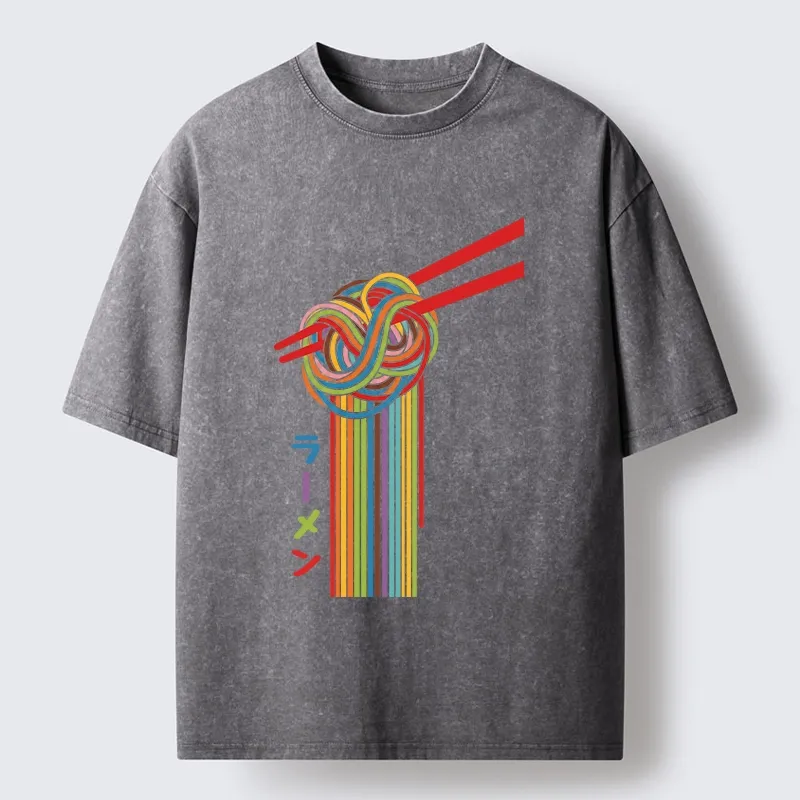 Tokyo-Tiger Colorful Noodles On Red Chopsticks Washed T-Shirt
