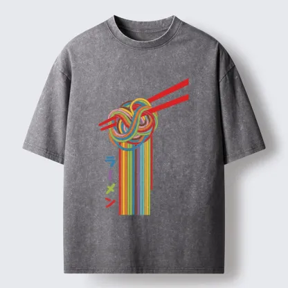 Tokyo-Tiger Colorful Noodles On Red Chopsticks Washed T-Shirt