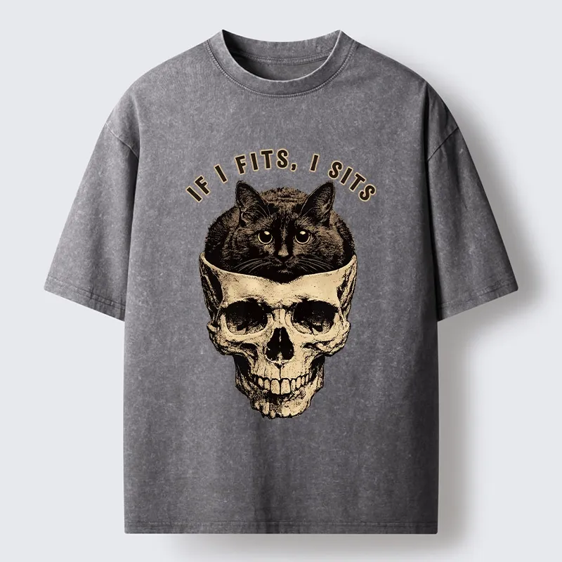 Tokyo-Tiger Cat In A Skull If It Fits I Sits Washed T-Shirt