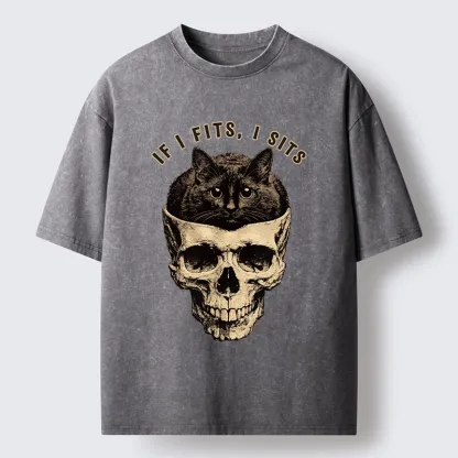 Tokyo-Tiger Cat In A Skull If It Fits I Sits Washed T-Shirt