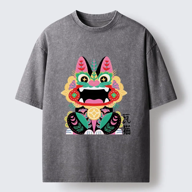 Tokyo-Tiger Colorful Meme Cat With Folk Style Washed T-Shirt
