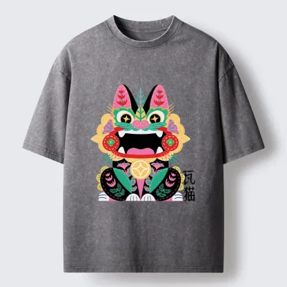 Tokyo-Tiger Colorful Meme Cat With Folk Style Washed T-Shirt