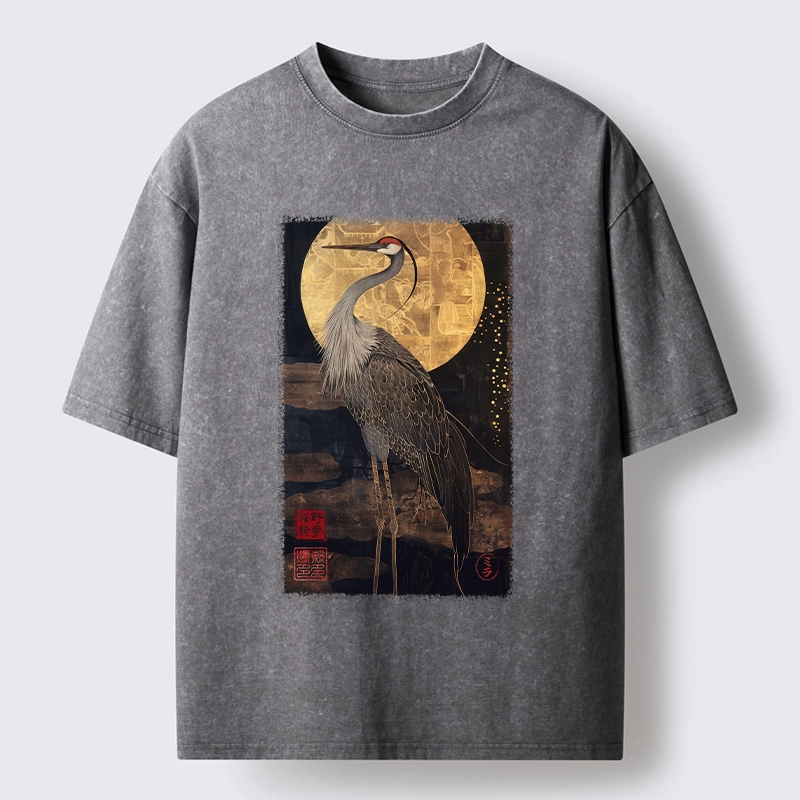 Tokyo-Tiger Golden Crane Under The Full Moon Washed T-Shirt