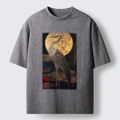 Tokyo-Tiger Golden Crane Under The Full Moon Washed T-Shirt