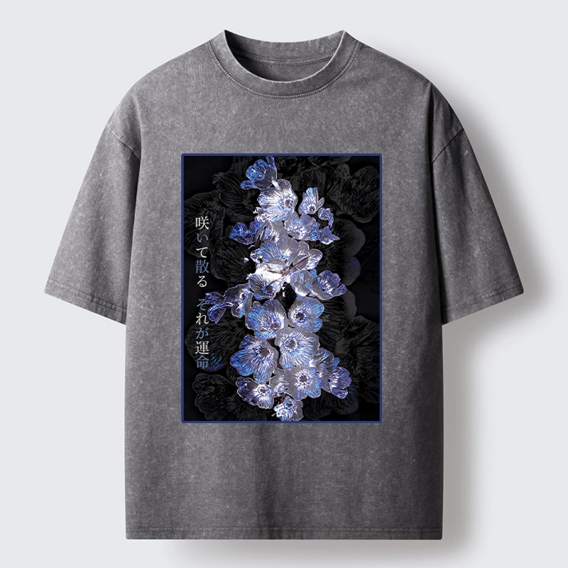 Tokyo-Tiger Glowing Blue Flowers In The Dark Washed T-Shirt