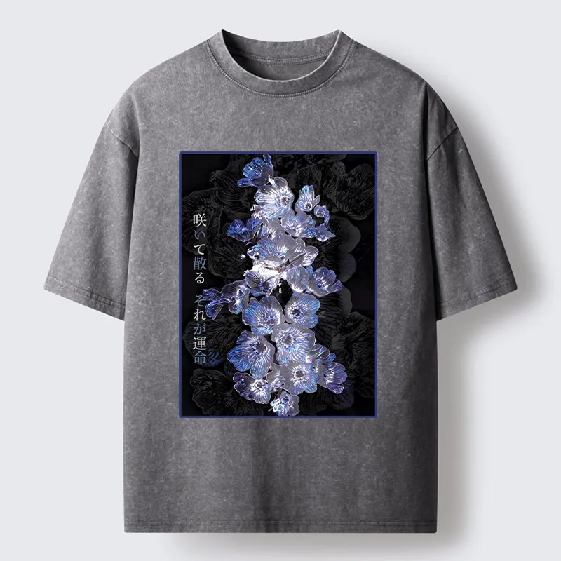 Tokyo-Tiger Glowing Blue Flowers In The Dark Washed T-Shirt
