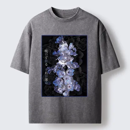 Tokyo-Tiger Glowing Blue Flowers In The Dark Washed T-Shirt