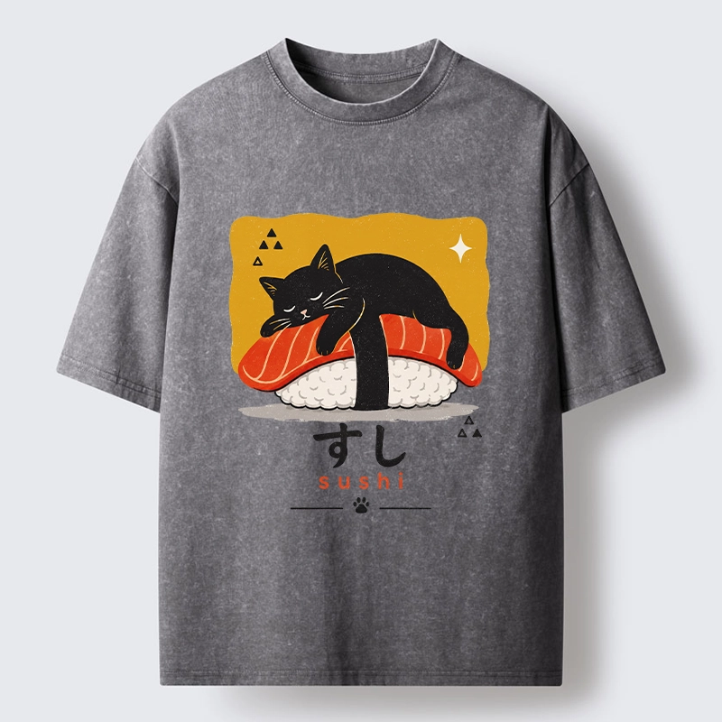Tokyo-Tiger Black Cat Napping On Salmon Sushi Washed T-Shirt