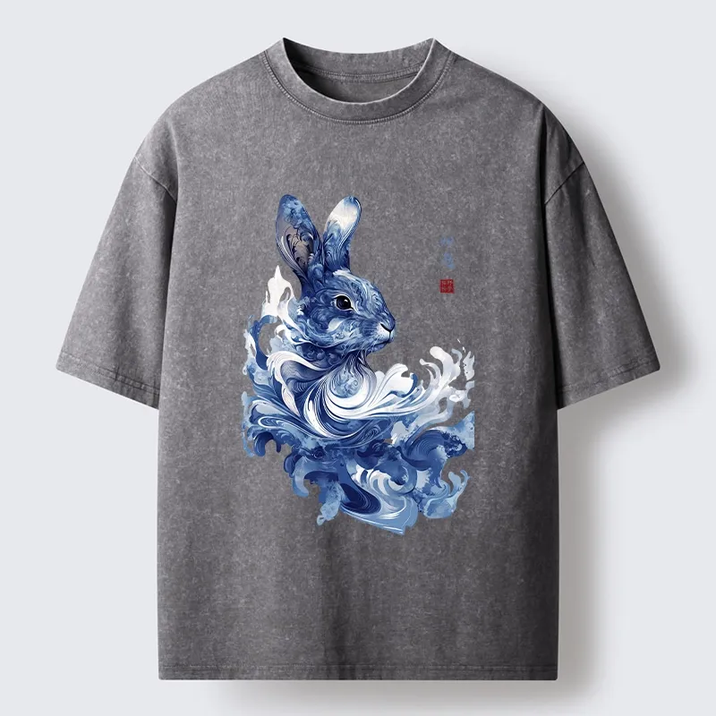 Tokyo-Tiger Blue And White Rabbit Art Washed T-Shirt
