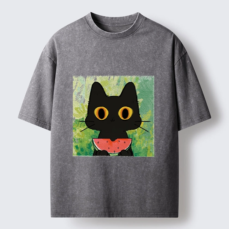 Tokyo-Tiger Black Cat Loves Watermelon Washed T-Shirt