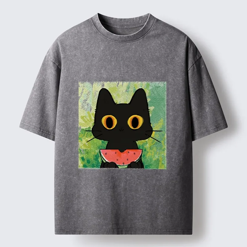 Tokyo-Tiger Black Cat Loves Watermelon Washed T-Shirt