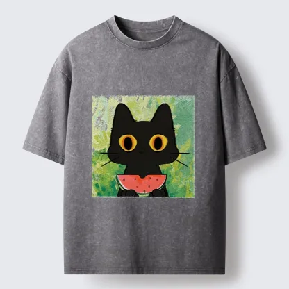 Tokyo-Tiger Black Cat Loves Watermelon Washed T-Shirt