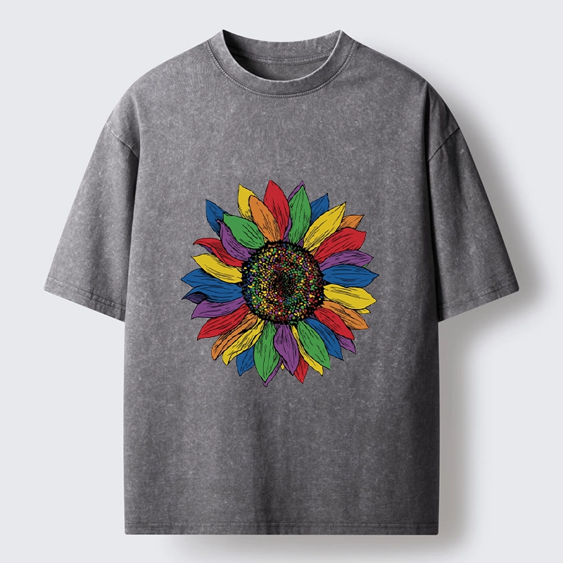 Tokyo-Tiger Rainbow Sunflower Pride Art Washed T-Shirt