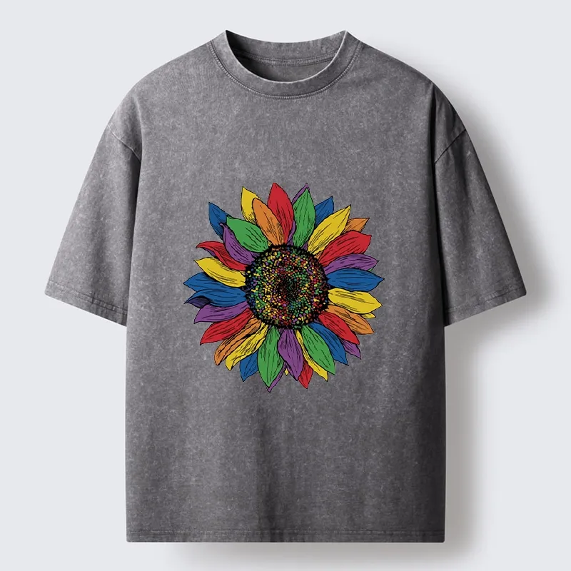 Tokyo-Tiger Rainbow Sunflower Pride Art Washed T-Shirt