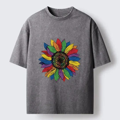 Tokyo-Tiger Rainbow Sunflower Pride Art Washed T-Shirt