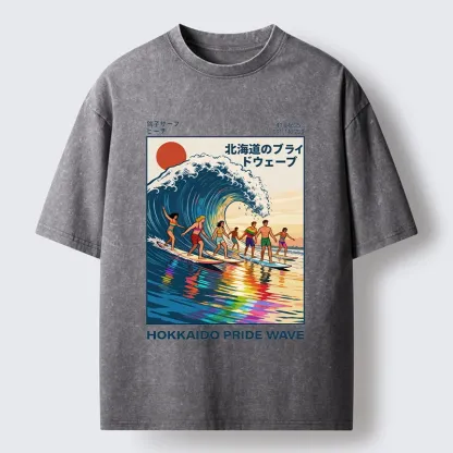 Tokyo-Tiger Hokkaido Pride Wave Surfing Fun Washed T-Shirt