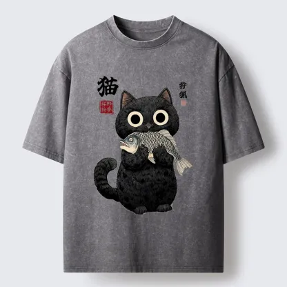 Tokyo-Tiger Black Cat Caught A Big Fish Washed T-Shirt