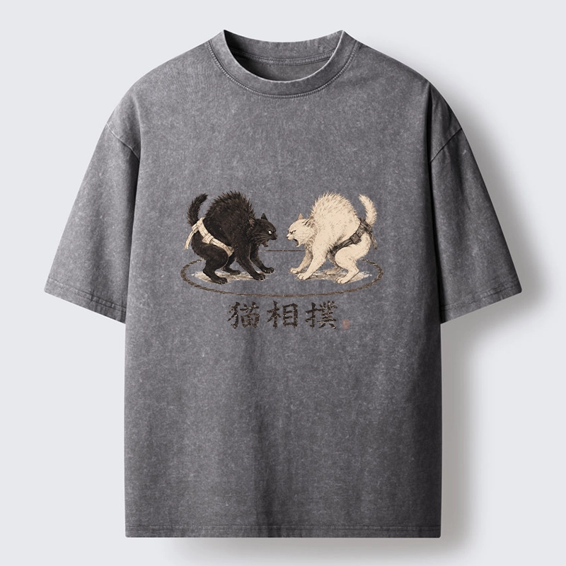 Tokyo-Tiger Cat Sumo Battle Funny Meme Washed T-Shirt