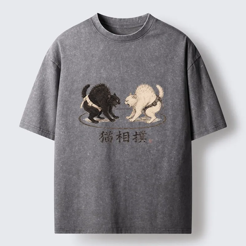 Tokyo-Tiger Cat Sumo Battle Funny Meme Washed T-Shirt