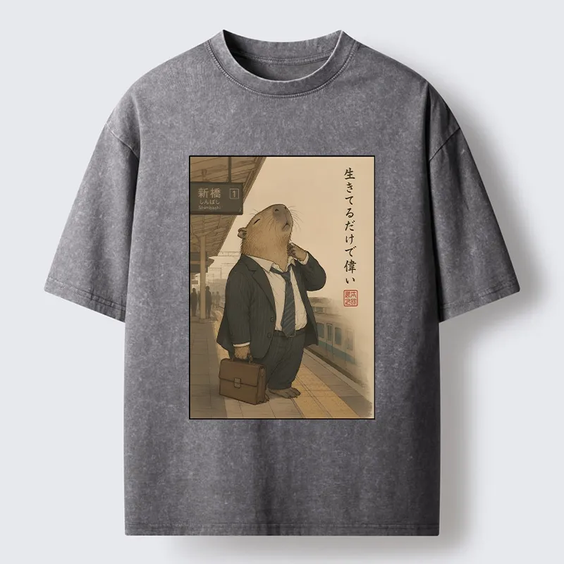 Tokyo-Tiger Funny Capybara Office Worker Meme Washed T-Shirt