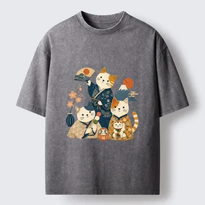 Tokyo-Tiger Lucky Cats Enjoying Traditional Japan Vibes Washed T-Shirt