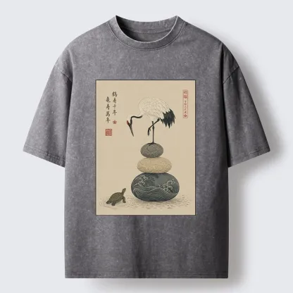 Tokyo-Tiger Turtle And Crane Traditional Art Washed T-Shirt