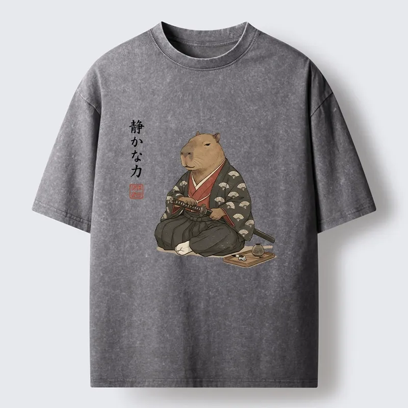 Tokyo-Tiger Calm Samurai Capybara With Katana Meme Washed T-Shirt