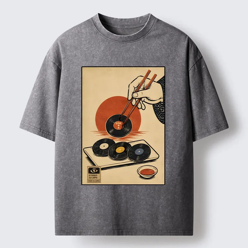 Tokyo-Tiger Chopsticks And Vinyl Sushi Art Washed T-Shirt