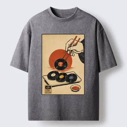 Tokyo-Tiger Chopsticks And Vinyl Sushi Art Washed T-Shirt