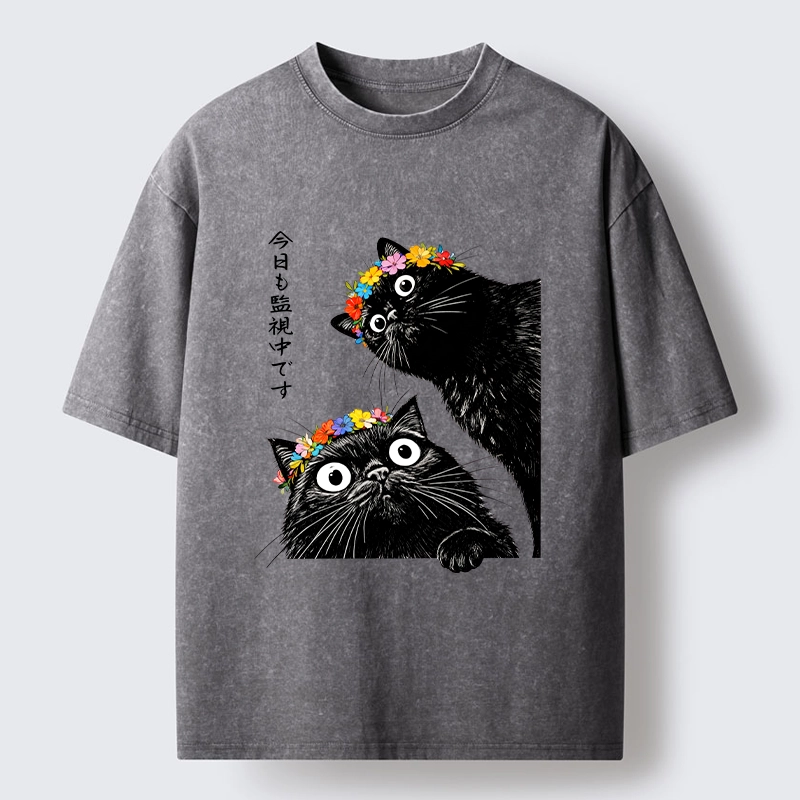 Tokyo-Tiger Flower Crown Black Cat Washed T-Shirt