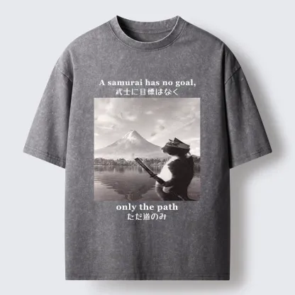 Tokyo-Tiger Samurai Cat At Mount Fuji Washed T-Shirt
