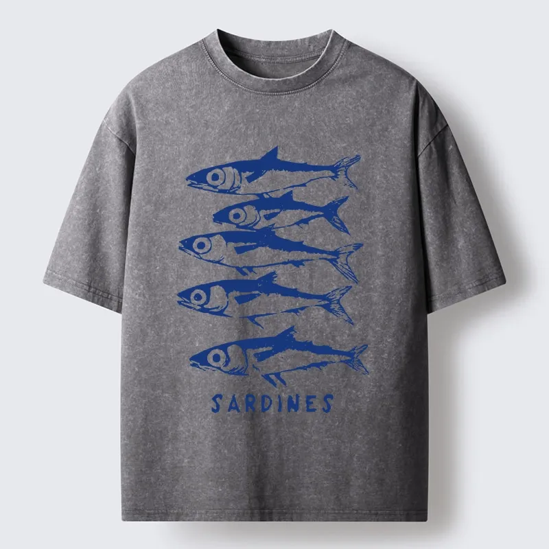 Tokyo-Tiger Blue And White Sardines Linocut Art Washed T-Shirt