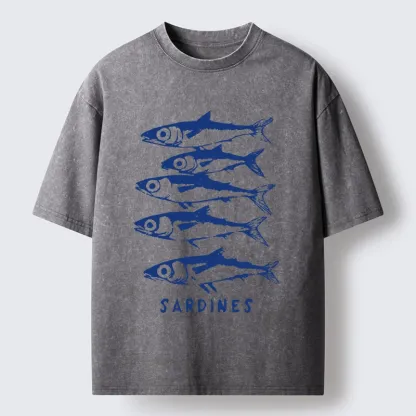Tokyo-Tiger Blue And White Sardines Linocut Art Washed T-Shirt