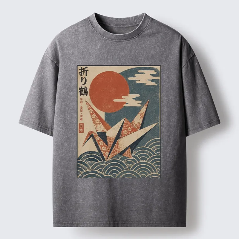 Tokyo-Tiger Japanese Origami Crane Vintage Print Washed T-Shirt