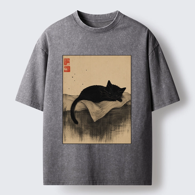 Tokyo-Tiger Sleeping Black Cat In Ink Wash Style Washed T-Shirt
