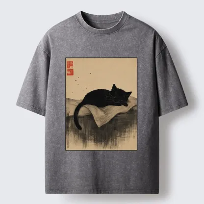 Tokyo-Tiger Sleeping Black Cat In Ink Wash Style Washed T-Shirt