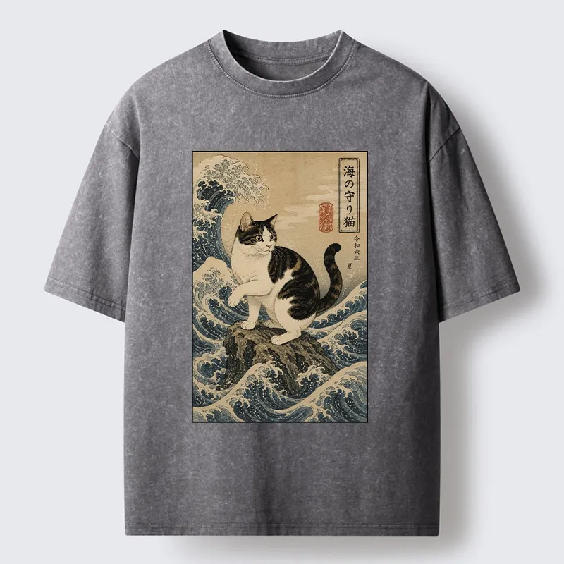 Tokyo-Tiger Sea Guardian Cat In Great Wave Art Washed T-Shirt
