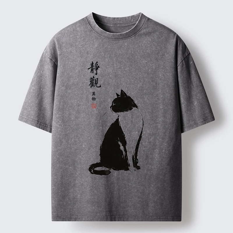 Tokyo-Tiger Calm Black And White Cat Washed T-Shirt