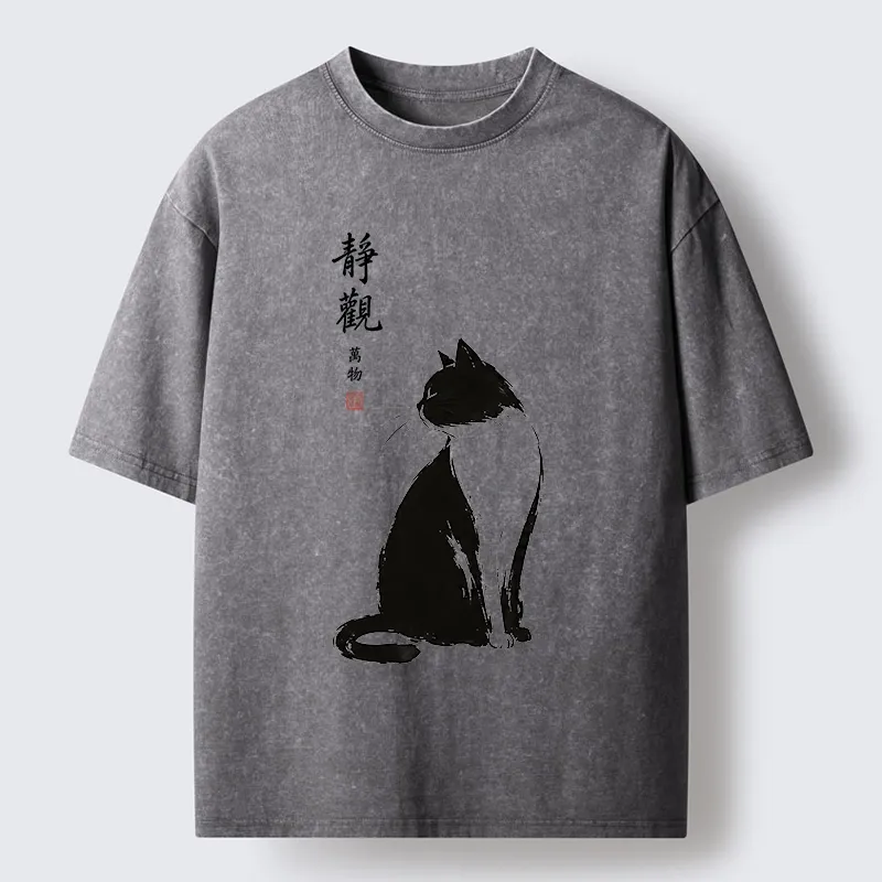 Tokyo-Tiger Calm Black And White Cat Washed T-Shirt