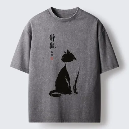 Tokyo-Tiger Calm Black And White Cat Washed T-Shirt