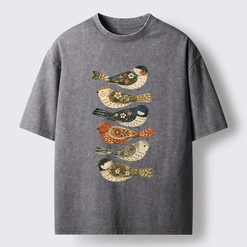 Tokyo-Tiger Colorful Folk Birds In Earthy Tones Washed T-Shirt Sale